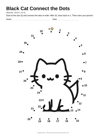 Black Cat connect the dots worksheet: numbered dots around the picture's outline
