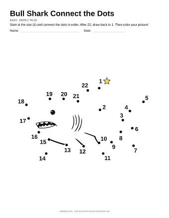Bull Shark connect the dots worksheet: numbered dots around the picture's outline