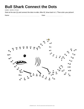 Bull Shark connect the dots worksheet: numbered dots around the picture's outline
