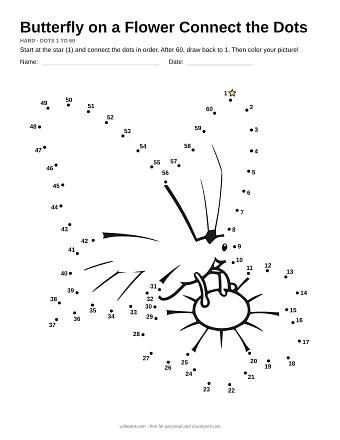 Butterfly on a Flower connect the dots worksheet: numbered dots around the picture's outline