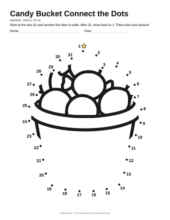 Candy Bucket connect the dots worksheet: numbered dots around the picture's outline