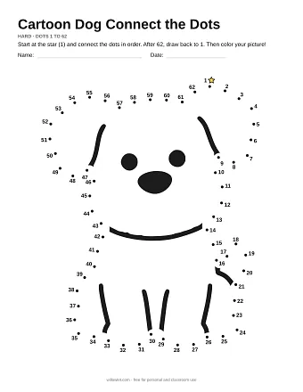 Cartoon Dog connect the dots worksheet: numbered dots around the picture's outline