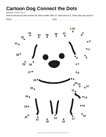 Cartoon Dog connect the dots worksheet: numbered dots around the picture's outline