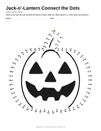 Jack-o'-Lantern connect the dots worksheet: numbered dots around the picture's outline