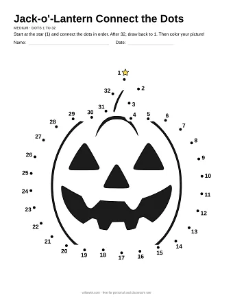 Jack-o'-Lantern connect the dots worksheet: numbered dots around the picture's outline