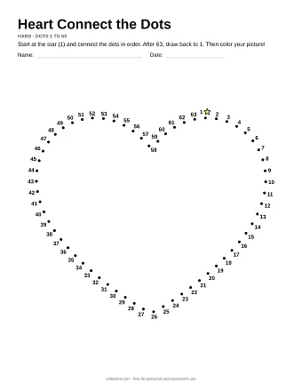 Heart connect the dots worksheet: numbered dots around the picture's outline
