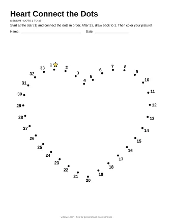 Heart connect the dots worksheet: numbered dots around the picture's outline