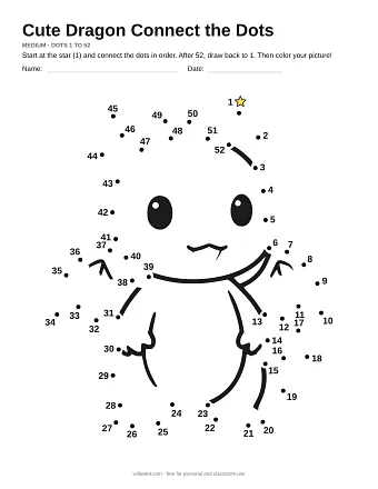 Cute Dragon connect the dots worksheet: numbered dots around the picture's outline
