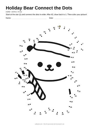 Holiday Bear connect the dots worksheet: numbered dots around the picture's outline