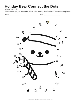Holiday Bear connect the dots worksheet: numbered dots around the picture's outline