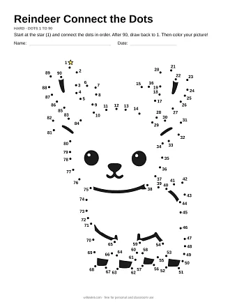 Reindeer connect the dots worksheet: numbered dots around the picture's outline