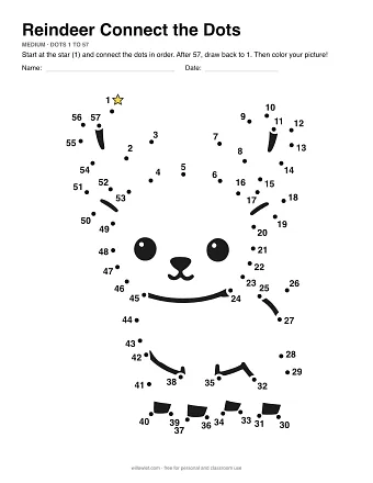 Reindeer dot to dot worksheet: numbered dots around the picture's outline