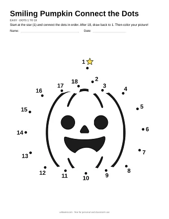Smiling Pumpkin connect the dots worksheet: numbered dots around the picture's outline