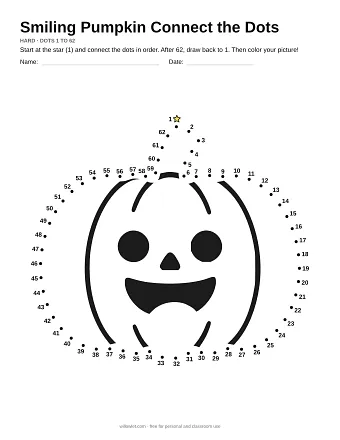 Smiling Pumpkin connect the dots worksheet: numbered dots around the picture's outline