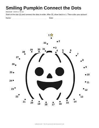 Smiling Pumpkin connect the dots worksheet: numbered dots around the picture's outline