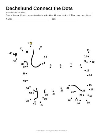 Dachshund connect the dots worksheet: numbered dots around the picture's outline