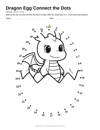 Dragon Egg connect the dots worksheet: numbered dots around the picture's outline