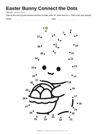 Easter Bunny connect the dots worksheet: numbered dots around the picture's outline