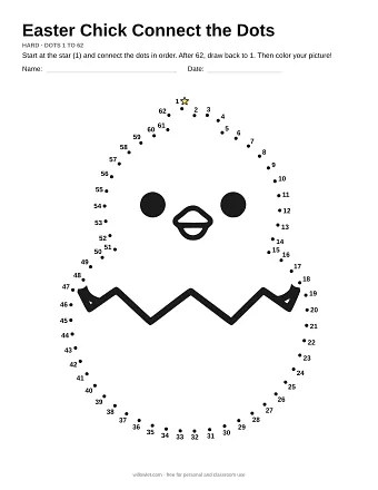 Easter Chick connect the dots worksheet: numbered dots around the picture's outline