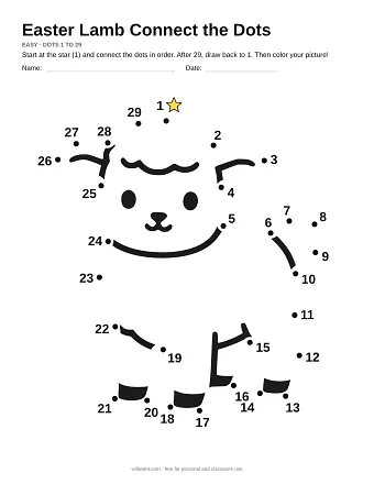 Easter Lamb connect the dots worksheet: numbered dots around the picture's outline