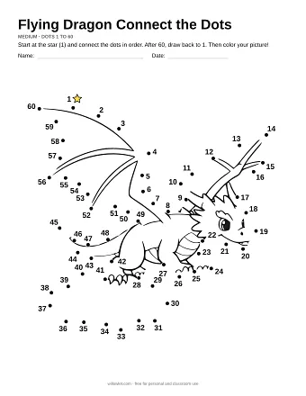 Flying Dragon connect the dots worksheet: numbered dots around the picture's outline