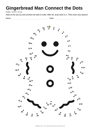 Gingerbread Man connect the dots worksheet: numbered dots around the picture's outline