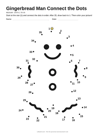 Gingerbread Man connect the dots worksheet: numbered dots around the picture's outline