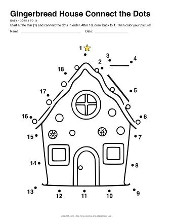 Gingerbread House dot to dot worksheet: numbered dots around the picture's outline