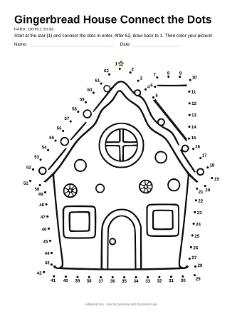 Gingerbread House connect the dots worksheet: numbered dots around the picture's outline