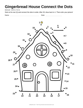 Gingerbread House connect the dots worksheet: numbered dots around the picture's outline