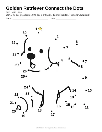 Golden Retriever connect the dots worksheet: numbered dots around the picture's outline