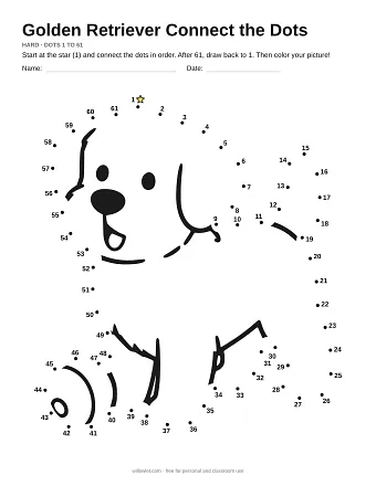 Golden Retriever connect the dots worksheet: numbered dots around the picture's outline