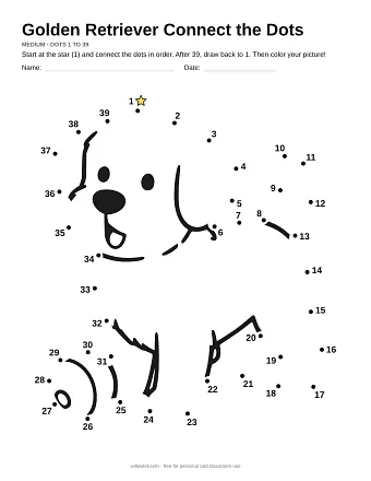 Golden Retriever connect the dots worksheet: numbered dots around the picture's outline