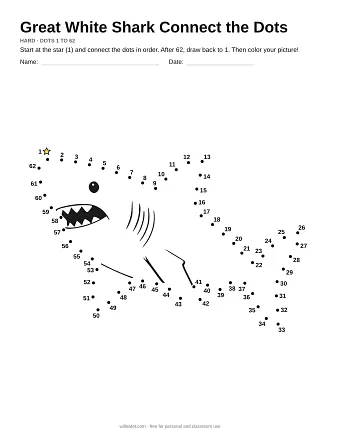Great White Shark connect the dots worksheet: numbered dots around the picture's outline