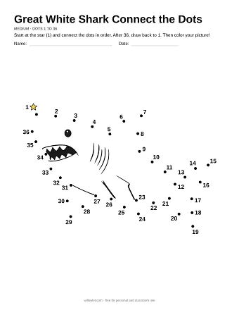 Great White Shark connect the dots worksheet: numbered dots around the picture's outline