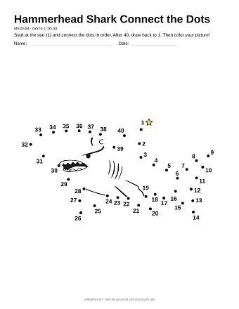 Hammerhead Shark connect the dots worksheet: numbered dots around the picture's outline