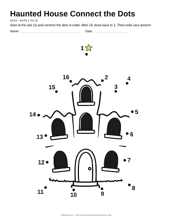 Haunted House connect the dots worksheet: numbered dots around the picture's outline