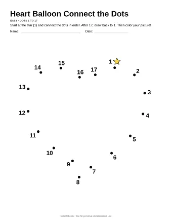 Heart Balloon connect the dots worksheet: numbered dots around the picture's outline