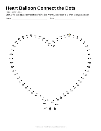 Heart Balloon connect the dots worksheet: numbered dots around the picture's outline