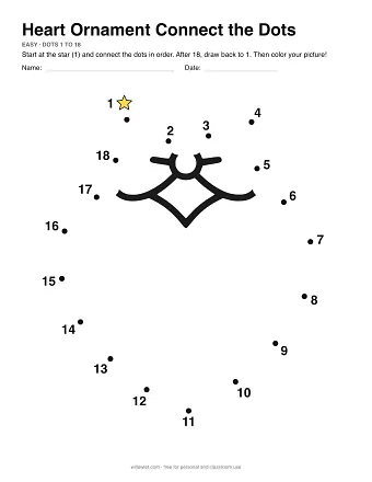 Heart Ornament dot to dot worksheet: numbered dots around the picture's outline