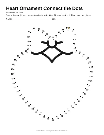 Heart Ornament connect the dots worksheet: numbered dots around the picture's outline