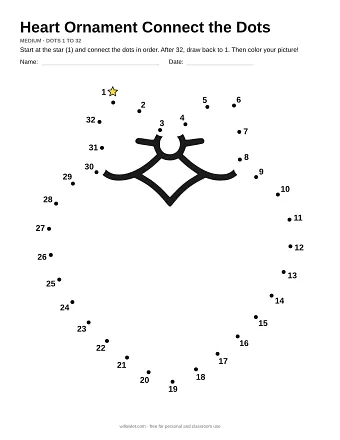 Heart Ornament connect the dots worksheet: numbered dots around the picture's outline