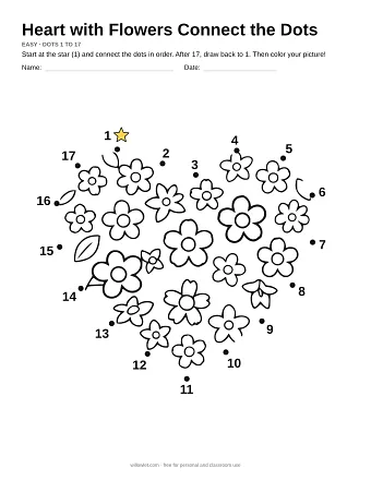 Heart with Flowers connect the dots worksheet: numbered dots around the picture's outline