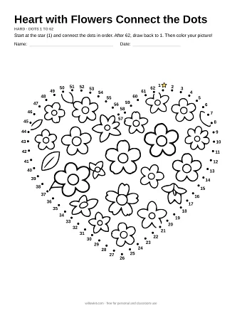 Heart with Flowers connect the dots worksheet: numbered dots around the picture's outline