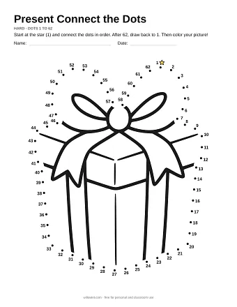 Present connect the dots worksheet: numbered dots around the picture's outline