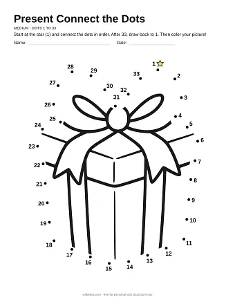 Present connect the dots worksheet: numbered dots around the picture's outline