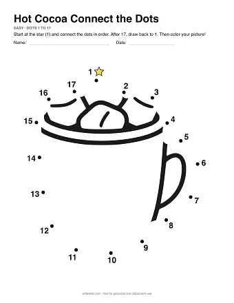 Hot Cocoa dot to dot worksheet: numbered dots around the picture's outline