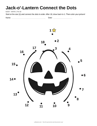 Jack-o'-Lantern connect the dots worksheet: numbered dots around the picture's outline