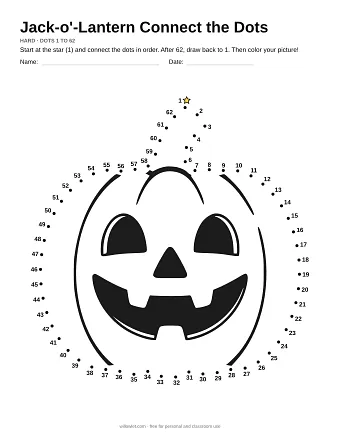 Jack-o'-Lantern connect the dots worksheet: numbered dots around the picture's outline