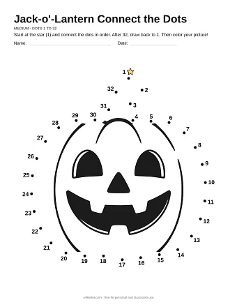 Jack-o'-Lantern connect the dots worksheet: numbered dots around the picture's outline
